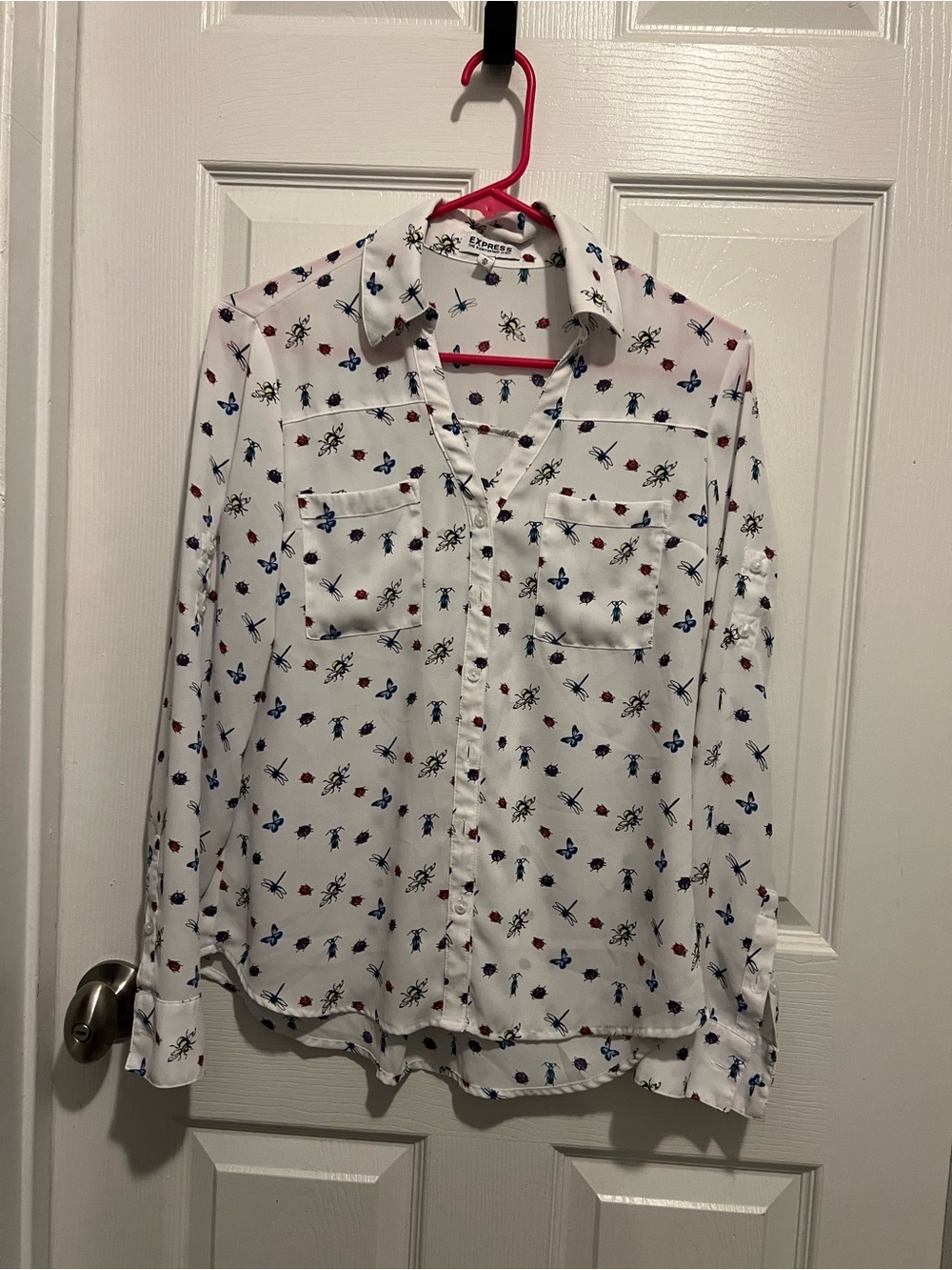 White Printed Button-Up Shirt with Bugs and Butterflies
